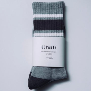 OOPARTS Asymmetric Line Sox "0010"｜日本製アシンメトリーラインソックス｜White / Grey｜奈良生産・高品質・アメカジ・自転車にも最適（24–28cm）